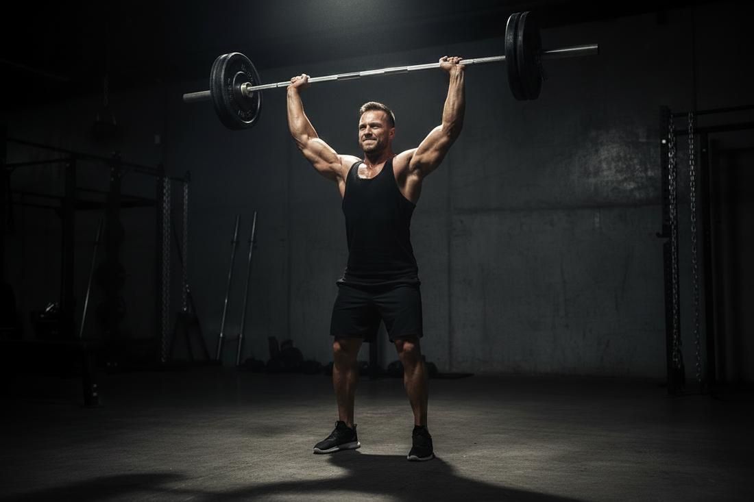 "Athlete performing overhead press wearing a stringer tank top in the gym