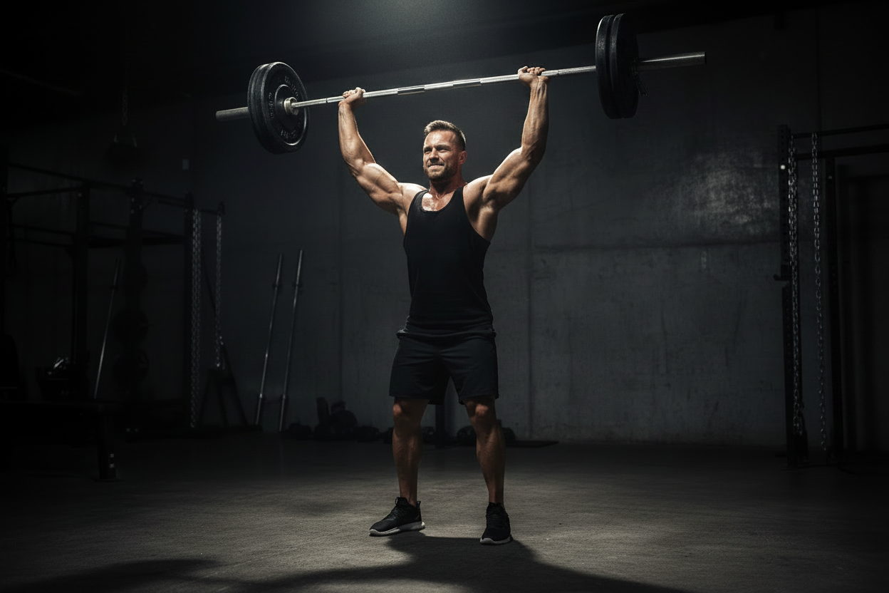 "Athlete performing overhead press wearing a stringer tank top in the gym