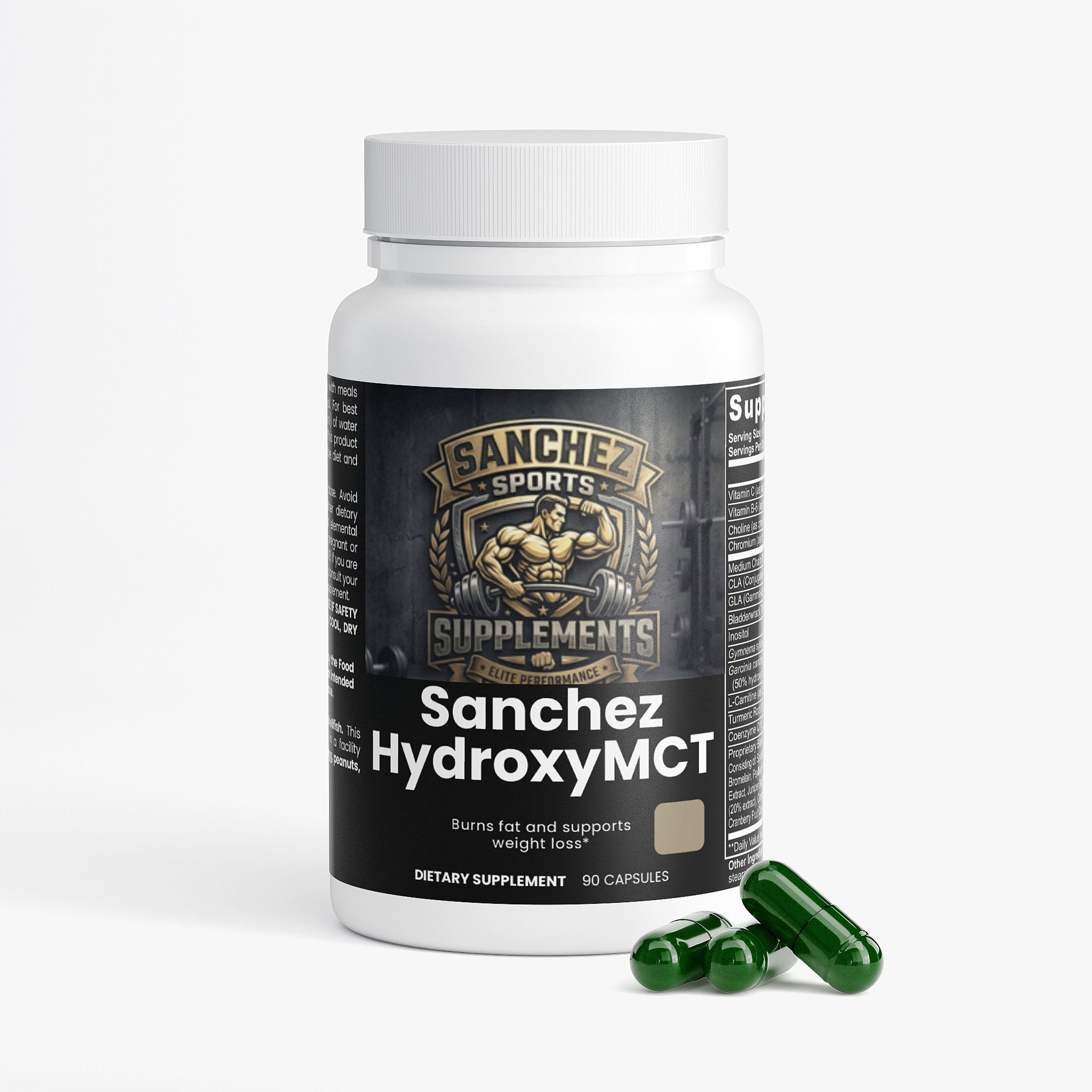 Sanchez HydroxyMCT - Sanchez Sports Supplements front with pill