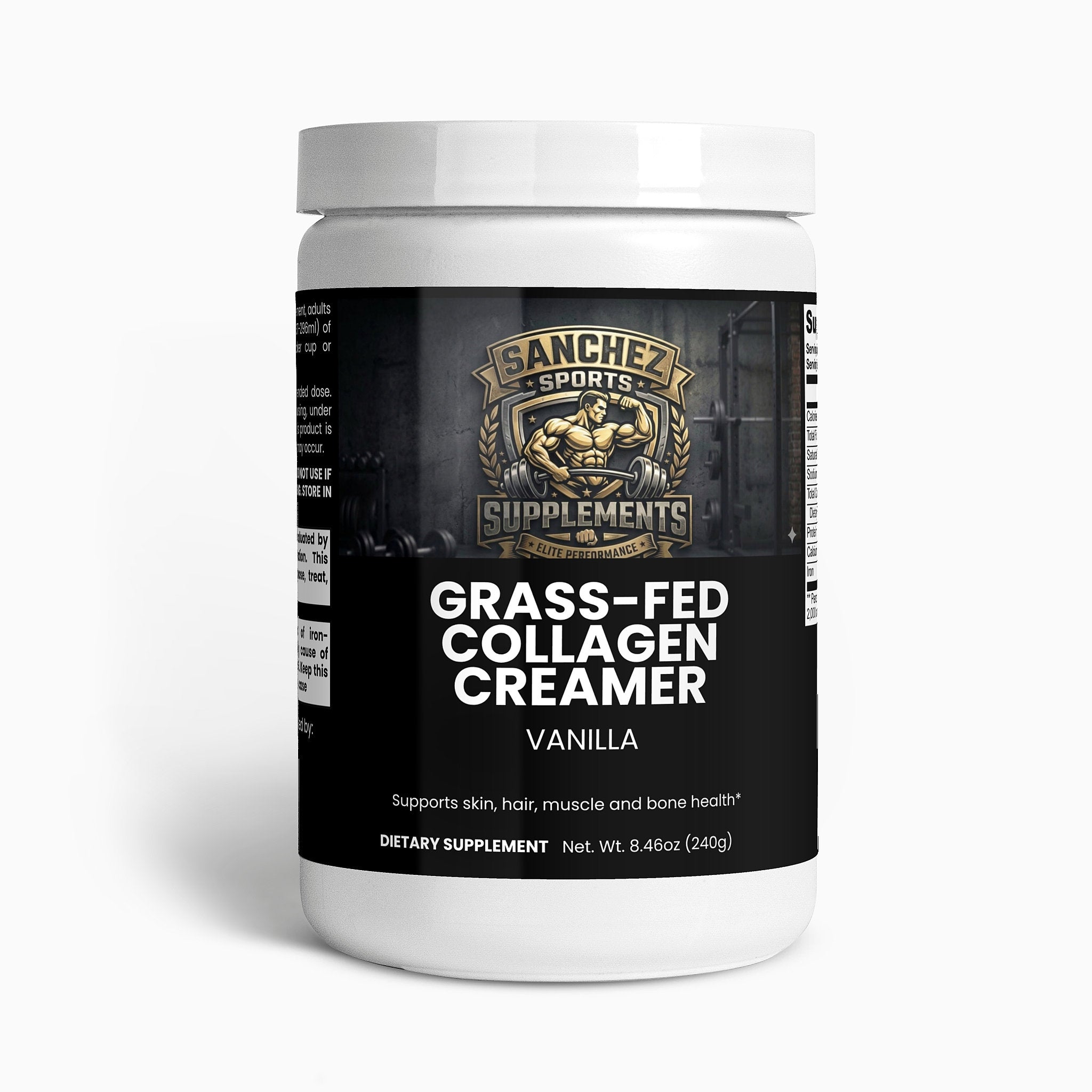 Grass-fed collagen creamer vanilla supplement bottle Sanchez Sports Supplements San Pedro