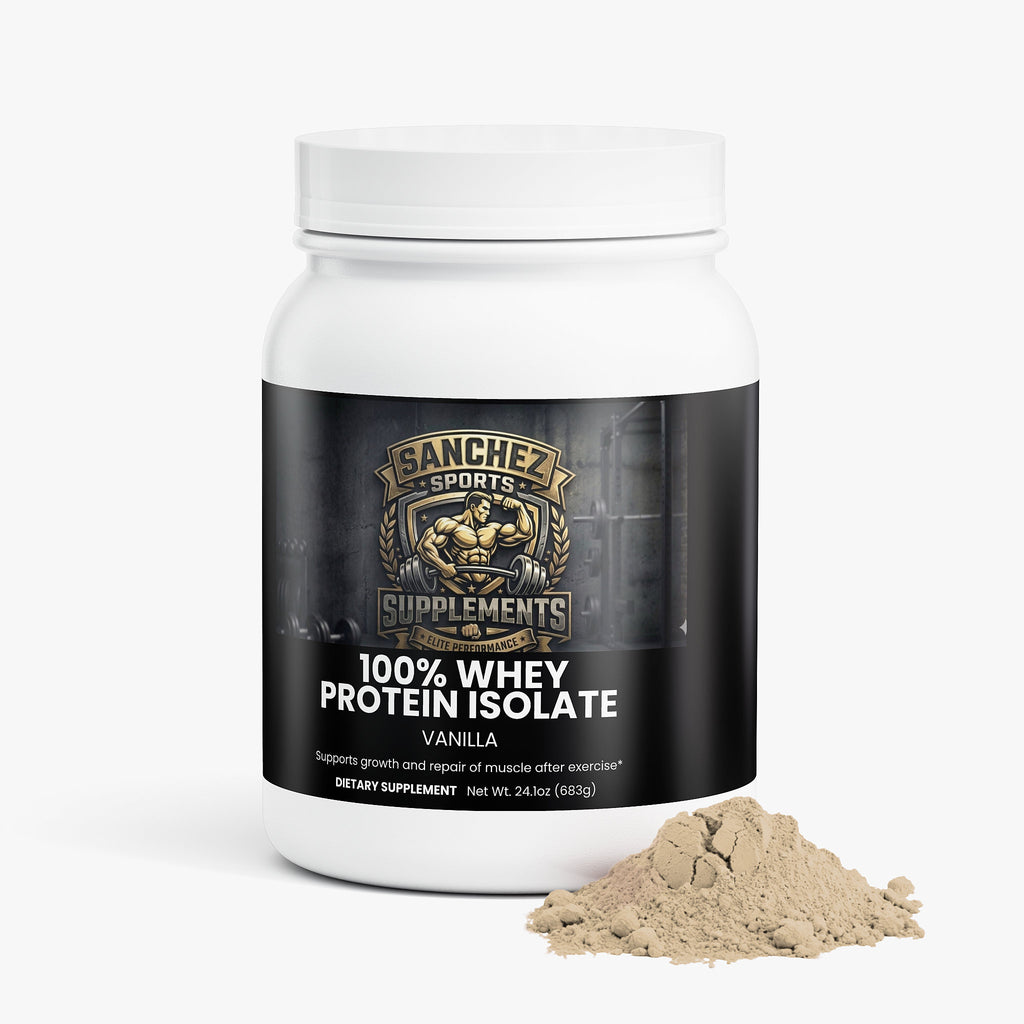 Whey protein isolate vanilla supplement bottle front South Bay Los Angeles