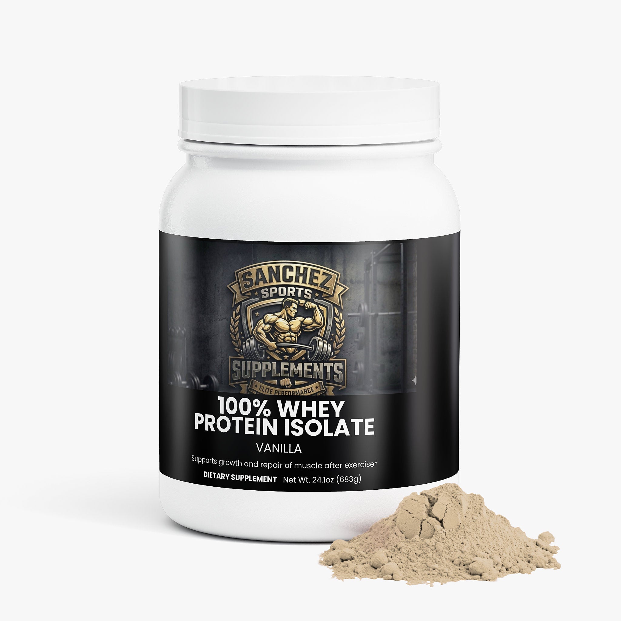 Whey protein isolate vanilla supplement bottle front South Bay Los Angeles