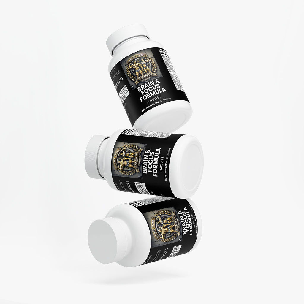 Supplement labeled brain and focus formula by Sanchez Sports Supplements three bottles