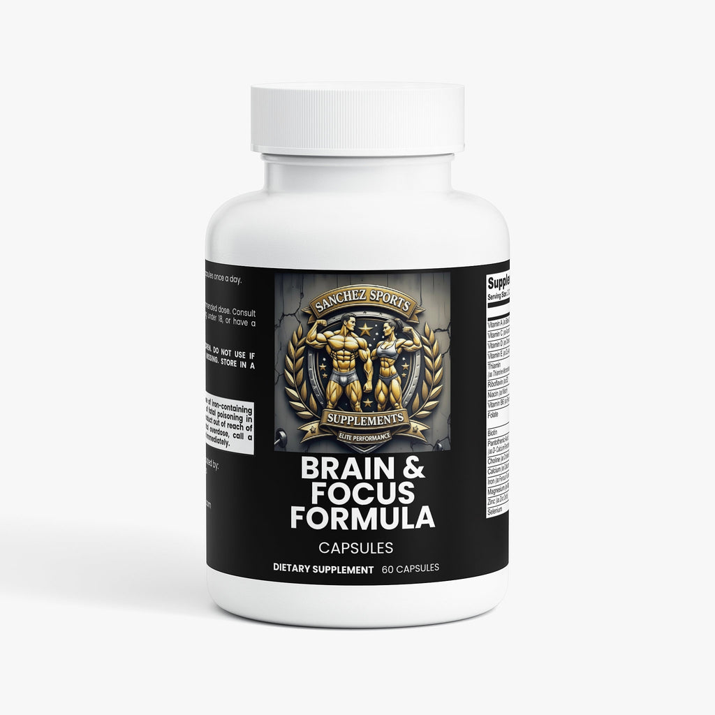 Supplement labeled brain and focus formula by Sanchez Sports Supplements front view