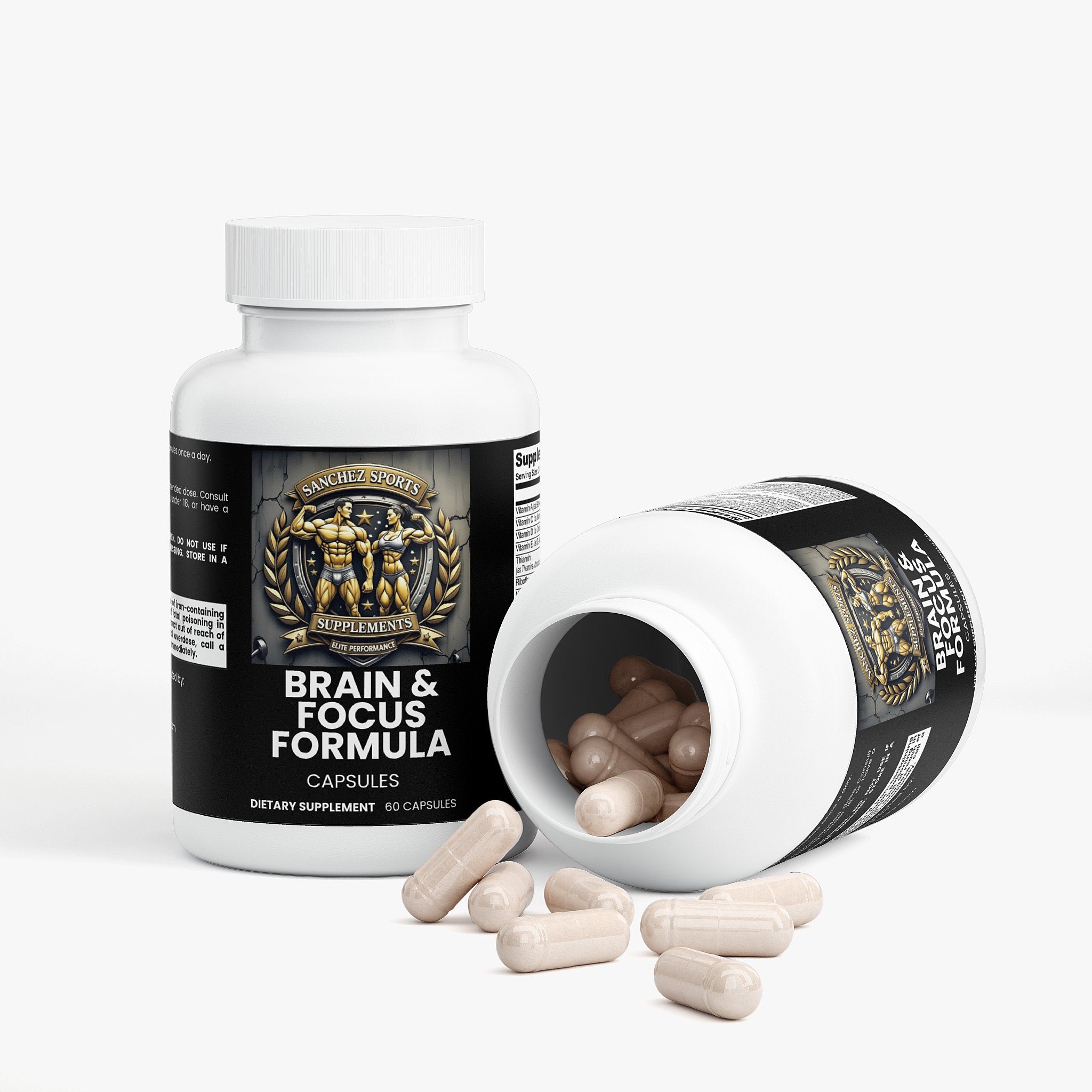 Supplement labeled brain and focus formula by Sanchez Sports Supplements one bottle standing one bottle open