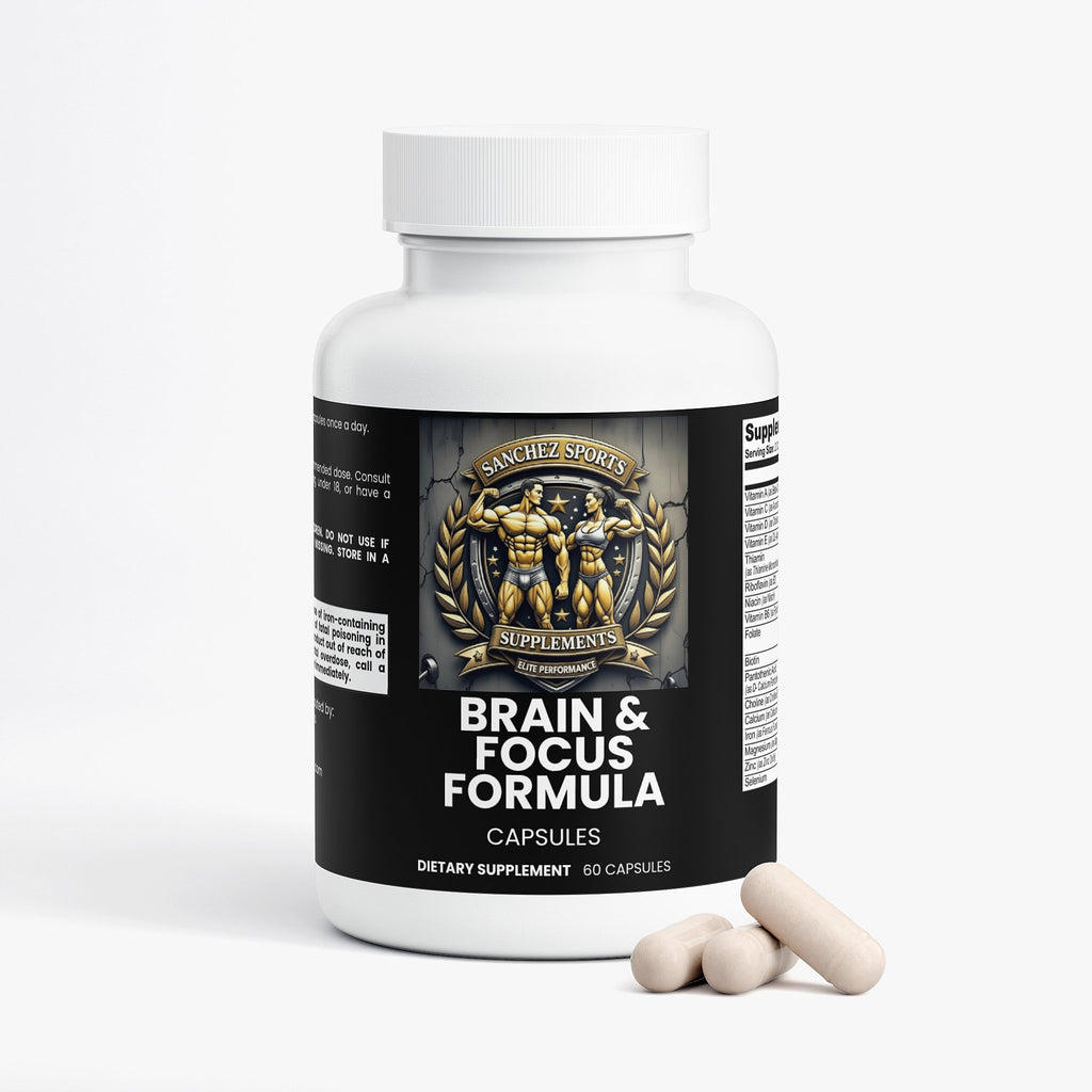 Supplement labeled brain and focus formula by Sanchez Sports Supplements front view with pills