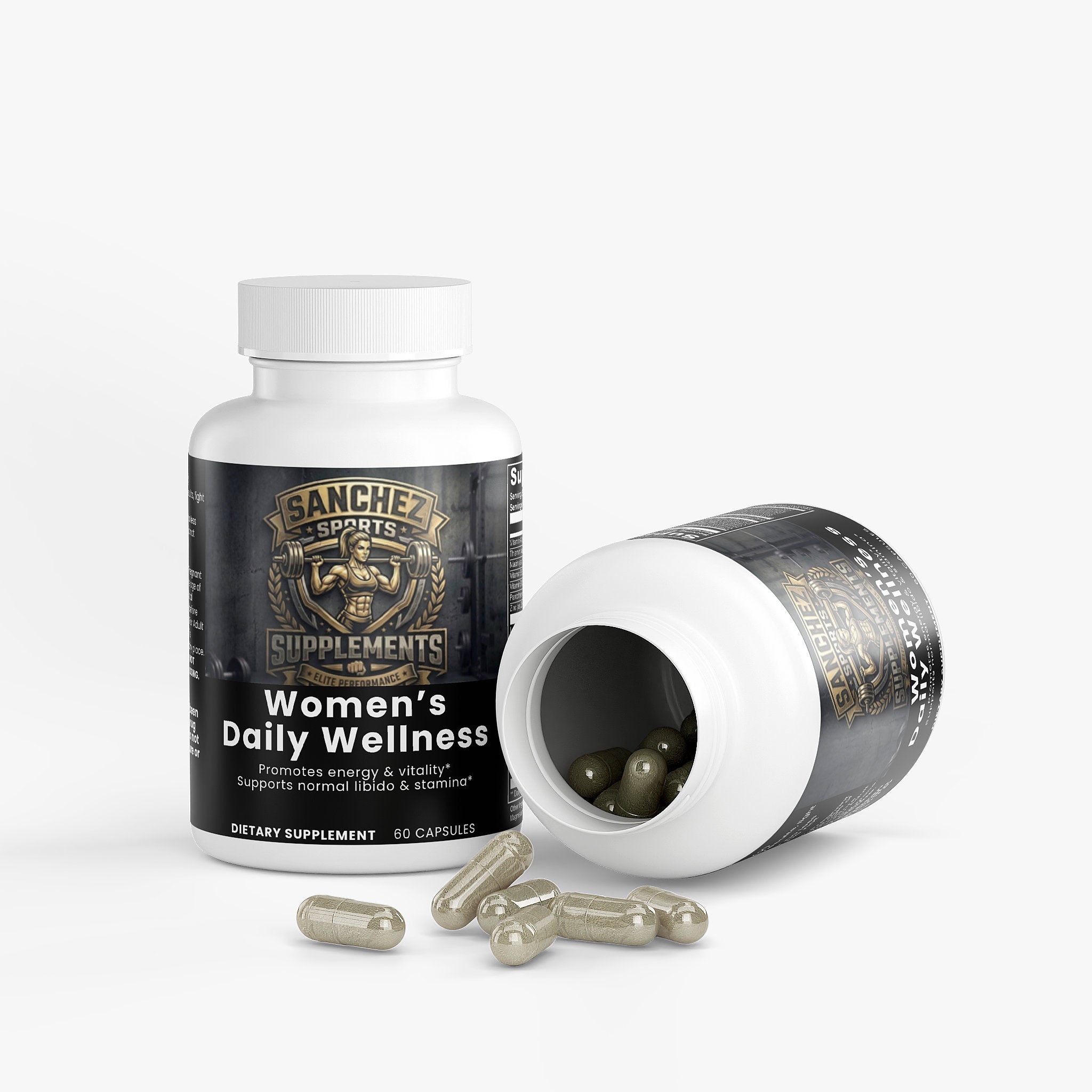 womens daily wellness bottle and one bottle open with capsules